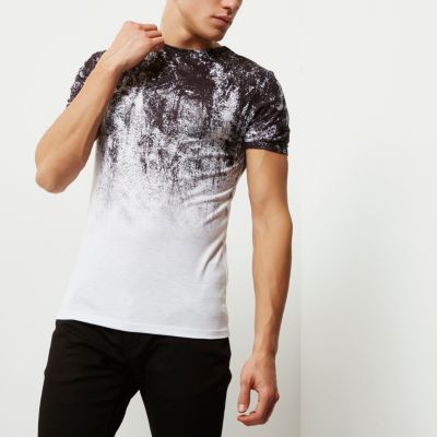 White faded glitch print muscle fit T-shirt